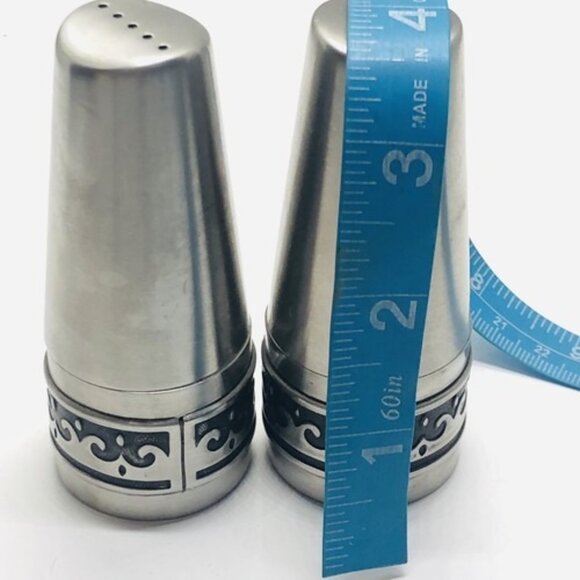 Vintage Salt And Pepper Shaker Set Stainless Steel Deluxe Black Wave Inlay Japan - Picture 8 of 12